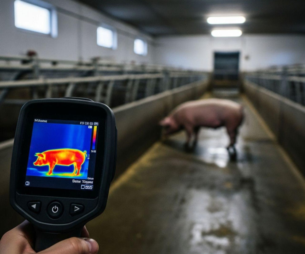 Dłoń trzymająca kamerę termowizyjną, wyświetlającą obraz świni w chlewni z widocznymi różnicami temperatur, co pozwala wykryć stany zapalne. W tle rozmazany obraz chlewni z żywym zwierzęciem. O zastosowaniu termowizji w hodowli przeczytasz na Super Biznes.