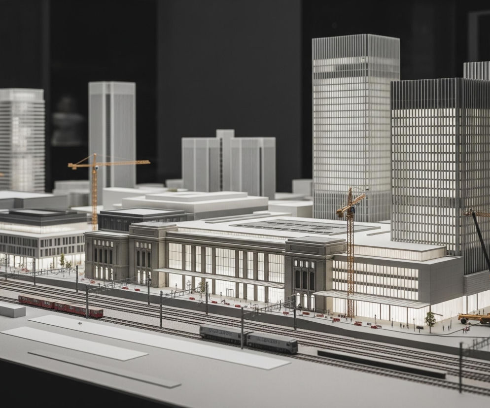 Model miejskiego krajobrazu, prezentujący współczesne budownictwo, kolej i drogi. Centralne miejsce zajmuje kompleks budynków, w tym dwa wysokie, prostokątne wieżowce o przeszklonych elewacjach i dwa niższe, szare budynki z dużą ilością okien, niektóre podświetlone, co sugeruje światła wewnątrz. Przed nimi biegną równoległe tory kolejowe z pociągami w kolorze czerwonym i niebieskim, a także drogi, na których widać miniaturowe samochody, żuraw budowlany oraz figurki ludzi. Całość utrzymana jest w stonowanych kolorach szarości, bieli i beżu z akcentami czerwieni i błękitu, umieszczona na ciemnoszarym tle.