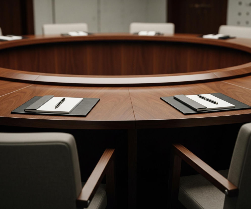 Duży, brązowy, okrągły stół konferencyjny dominuje w kadrze, otoczony wieloma krzesłami z jasnymi, obitymi siedziskami i ciemnymi drewnianymi podłokietnikami. Na każdej sekcji stołu, przed każdym krzesłem, leżą czarne podkładki z białymi kartkami papieru i długopisami. Centralna część stołu tworzy zagłębienie, wyłożone tym samym ciemnym drewnem.