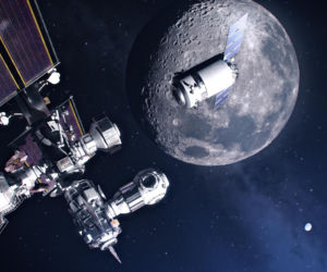 Wizualizacja statku Dragon dokującego do planowanej stacji księżycowej Gateway