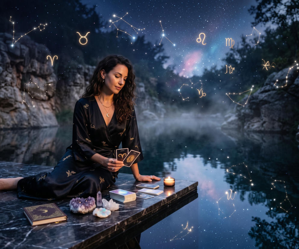 Kobieta z kartami tarota nad wodą, w tle znaki zodiaku. O horoskopie dziennym przeczytasz na SE.