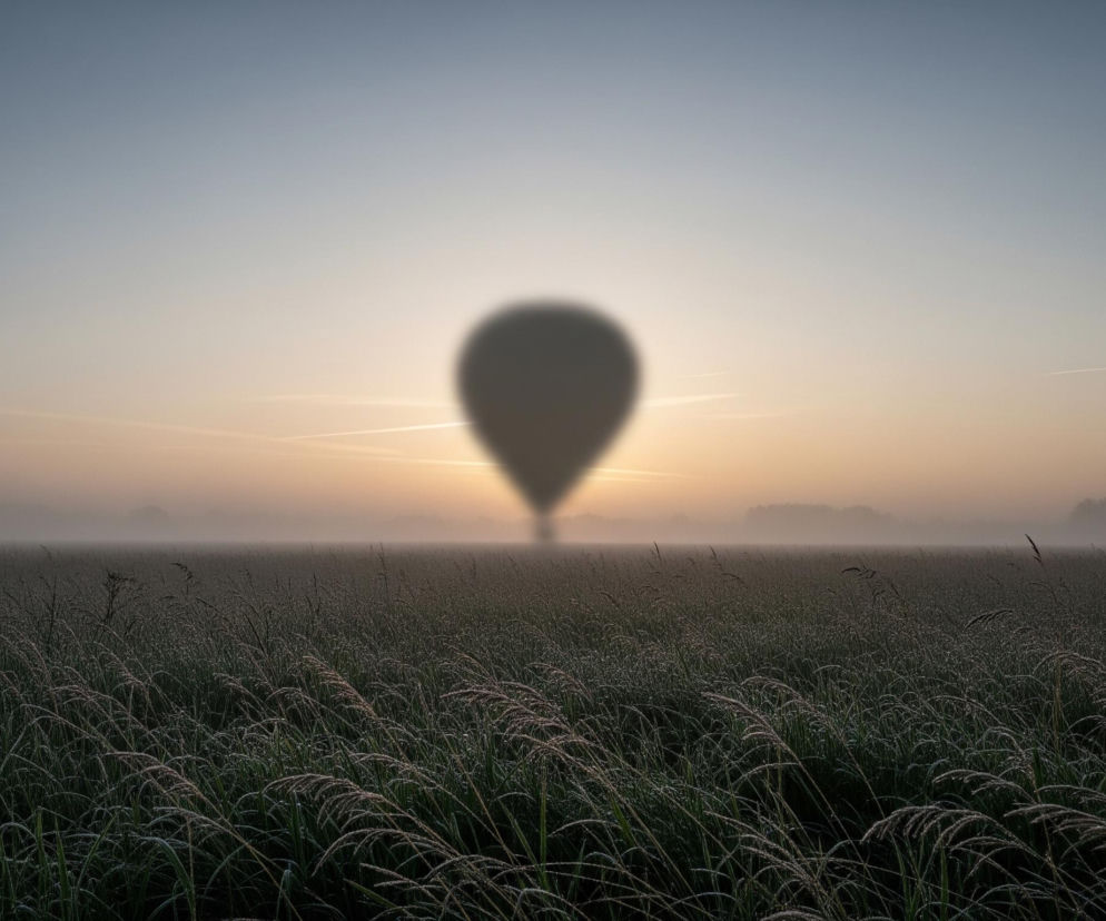 Na środku kadru, na tle mglistego, wschodzącego słońca, dominuje rozmyta, ciemna sylwetka balonu na ogrzane powietrze. Balon rzuca długi, rozmazany cień pionowo w dół, który zanika w gęstej mgle. Przed balonem rozciąga się rozległe pole wysokiej trawy w odcieniach zieleni i szarości, której źdźbła wydają się być pokryte rosą lub szronem. Horyzont jest rozmyty przez mgłę, za którą widać ciemny pas drzew, a na jasnym niebie w oddali dostrzegalne są delikatne smugi kondensacyjne samolotu.