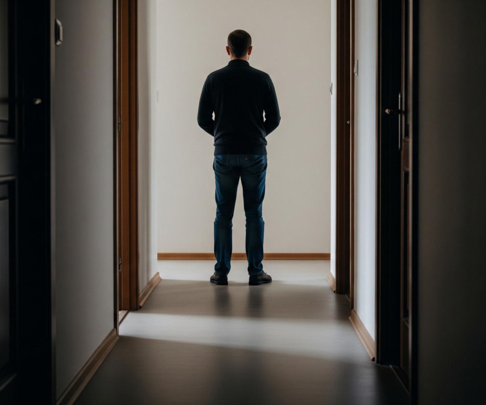 Mężczyzna o ciemnych włosach stoi tyłem w centrum kadru, ubrany w granatowy sweter i niebieskie dżinsy, patrząc w głąb jasnego korytarza. Po obu stronach widoczne są otwarte drzwi z drewnianymi ościeżnicami i ciemnymi, płaskimi panelami drzwiowymi. Podłoga w korytarzu jest jasnoszara, z widocznym cieniem rzucanym przez postać mężczyzny, a ściany są w kolorze jasnokremowym.