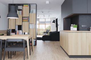 Nowoczesny salon z kuchnią: jasne drewno i czerń. Minimalizm w aranżacji wnętrza