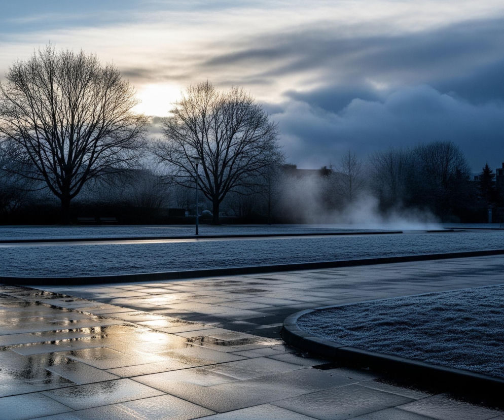 Chłodne, pochmurne niebo z prześwitującym słońcem rozświetla krajobraz. Przednie plany zajmują połyskujące, mokre chodniki z szarych płyt, odbijające złote światło słońca i fragmenty drzew. Po obu stronach chodników rozciągają się pokryte szronem trawniki. W oddali widać nagie drzewa, z których za jednym unosi się jasna mgła lub para, a za innymi ciemne sylwetki budynków pod ciężkimi chmurami.