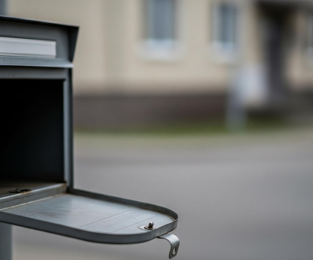 Na pierwszym planie, z lewej strony, znajduje się metalowa skrzynka w odcieniach szarości, zamontowana na słupku, która ma otwarte, skierowane w dół drzwiczki. W górnej części skrzynki widać podłużny otwór, a wnętrze skrzynki jest ciemne. Powierzchnia skrzynki jest lekko zabrudzona i widać na niej drobne ślady użytkowania. Na drugim planie, rozmyty, widoczny jest beżowy budynek z oknami oraz fragment szarego podłoża i zielonej trawy.