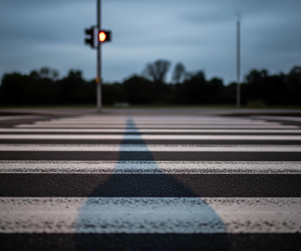 Droga asfaltowa, z bliska widać jej wyraźną teksturę, rozciąga się od dołu do góry obrazu. Na drodze znajduje się przejście dla pieszych w formie szerokich, białych pasów, ułożonych równolegle do siebie, poprzecznie do kierunku drogi. Między tymi pasami widoczne są fragmenty czarnego asfaltu, a pośrodku przejścia dla pieszych biegnie podłużna, niebieska linia. W tle, na nieostrym pierwszym planie, widać zamazane drzewa i słupy, a na niebie ciemne chmury. W centralnej części obrazu, na słupie, widać pomarańczowe światło sygnalizacji świetlnej.