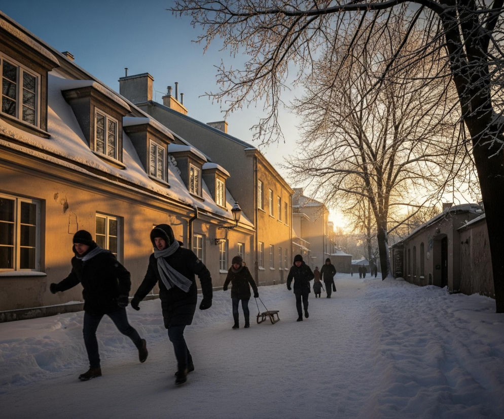 Grupa pięciu osób idzie zaśnieżoną ulicą, otoczoną budynkami z obu stron. Przednie trzy osoby są wyraźnie widoczne, dwie biegną obok siebie, a za nimi idzie kolejna, ciągnąca sanki. Budynki po lewej mają beżowe ściany i pokryte śniegiem dachy z lukarnami, oświetlone ciepłym, pomarańczowym światłem zachodzącego słońca, które przebija się przez błękitne niebo w tle, tworząc długie cienie. Prawa strona ulicy, również zaśnieżona, jest ciemniejsza i graniczy z murem i drzewami z nagimi gałęziami, z których jedna jest widoczna w górnej części obrazu.