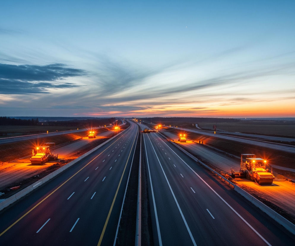 Dwie równoległe, wielopasmowe autostrady rozciągają się w głąb kadru, tworząc symetryczną kompozycję. Wzdłuż pobocza każdej z jezdni, na obszarach budowy lub remontu, rozmieszczone są ciężkie maszyny drogowe, prawdopodobnie walce, intensywnie oświetlone jaskrawymi, pomarańczowymi światłami. Pasmo zachodzącego słońca, przechodzące od błękitu przez fiolet do intensywnych pomarańczowych i czerwonych odcieni, zajmuje górną część obrazu, z rozległymi, cienkimi chmurami. W oddali, na horyzoncie, widoczne są zarysy lasu i pól, a gdzieniegdzie migają światła miejskie.