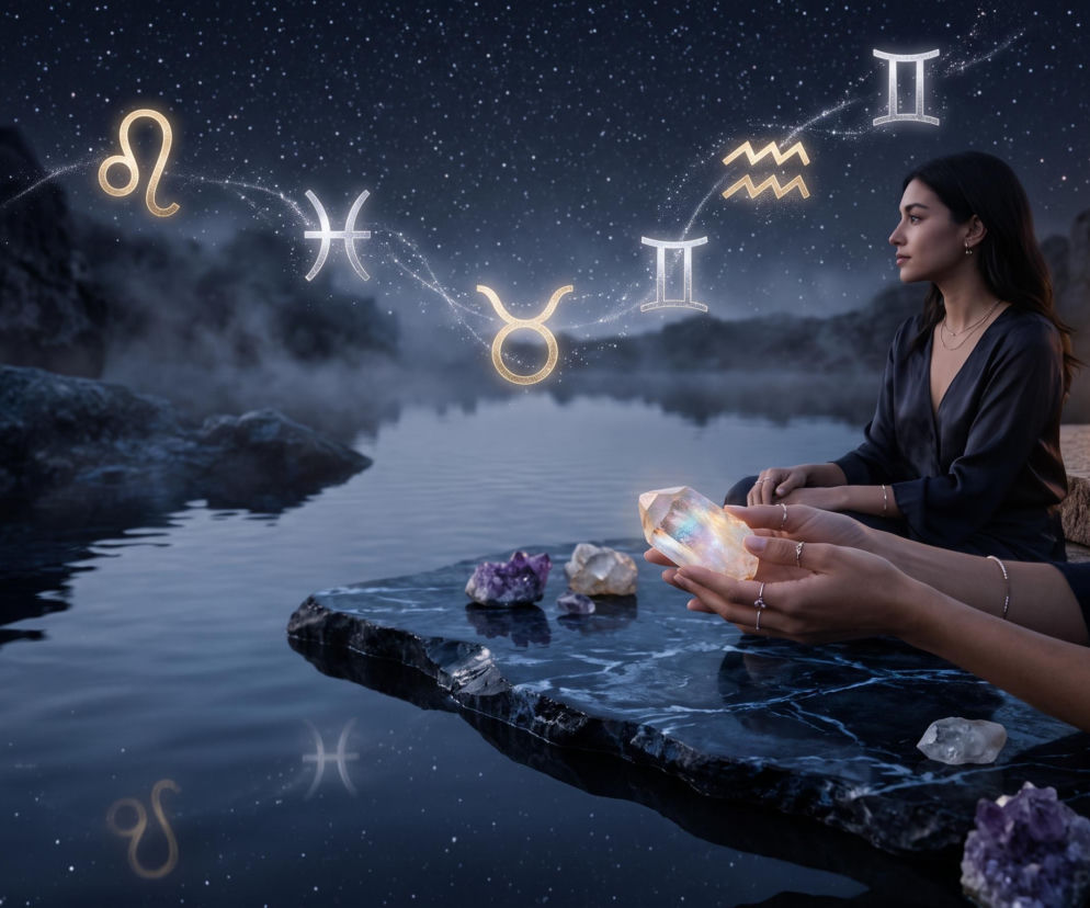 Kobieta siedzi nad wodą, a dłonie innej osoby trzymają kryształ. Nad nimi świecą znaki zodiaku. Horoskop sprawdzisz w SE.