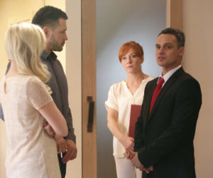 M jak miłość odc. 1237. Jacek (Jan Wieczorkowski), Agnieszka (Magdalena Walach), Tomek (Andrzej Młynarczyk), Joasia (Barbara Kurdej-Szatan)