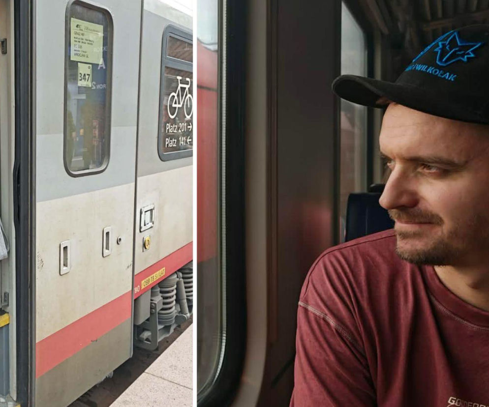 Mężczyzna wsiadający do pociągu, obok wstawka z pasażerem w wagonie. O podróży do Wiednia przeczytasz na Eska Wrocław.