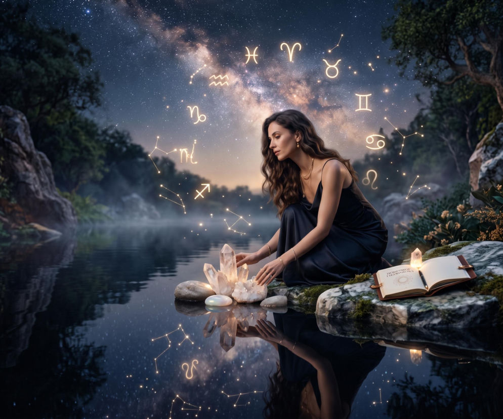 Kobieta w wieczornej sukni kuca nad wodą, dotykając kryształów, podczas gdy na nocnym niebie świecą konstelacje i znaki zodiaku. Obraz symbolizuje mistykę i przepowiednie, idealnie wpisując się w kontekst horoskopu dziennego, który można przeczytać na naszym portalu.