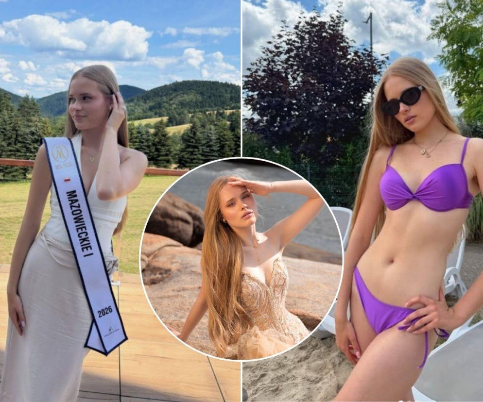 Maria Piaścik w jasnej sukni z szarfą finalistki, w bikini oraz na miniaturowej wstawce w złotej kreacji. Czytaj w Eska.