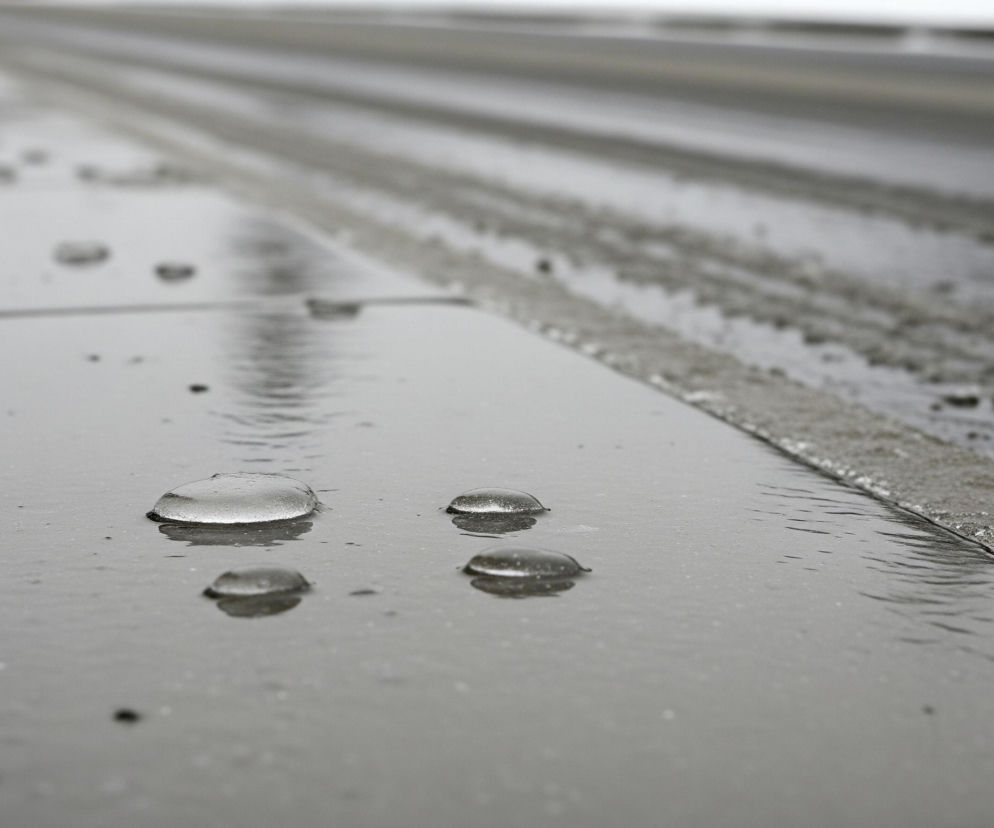 Na pierwszym planie widoczne są cztery kropelki wody, zastygłe w formie półprzezroczystych kopułek, znajdujące się na szarej, gładkiej powierzchni, prawdopodobnie asfaltu lub betonu. Za nimi rozciąga się równe, ciemniejsze pasmo materiału, a dalej, w oddali, zamglony obszar, który wygląda jak zaśnieżona jezdnia z widocznymi śladami kół, zanikającymi w oddali. Cała scena utrzymana jest w chłodnych odcieniach szarości i bieli, co sugeruje zimową scenerię.