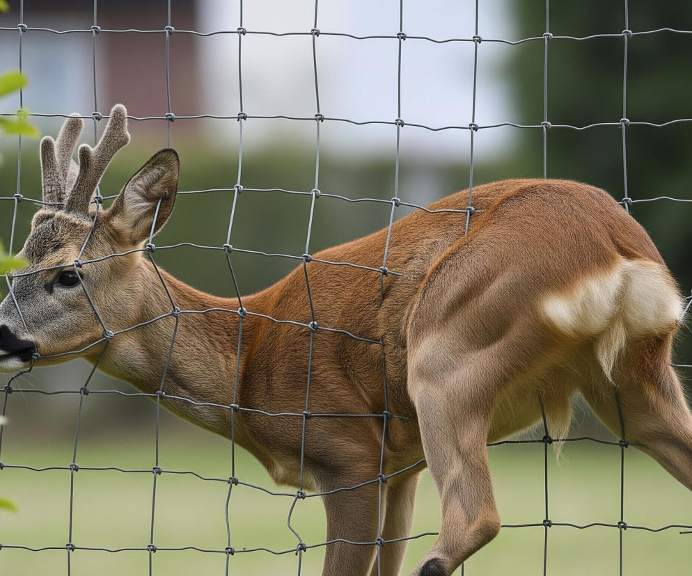Kozioł z młodymi porożem, pokrytym aksamitną skórą, stoi za siatką ogrodzenia. Jego sierść ma odcień brązowo-rudy, a tylna część ciała oraz wewnętrzne strony ud są jaśniejsze, niemal kremowe, z widocznym białym lustrem. Zwierzę jest ustawione profilem, z głową skierowaną w lewą stronę, a pysk dotyka siatki; widoczne są również czarne oczy i nos. W tle, za siatką, rozpościera się zielona trawa i rozmazana zieleń liści, a po lewej stronie kadru widoczny jest fragment krzewu z zielonymi liśćmi, również częściowo zasłaniający siatkę.