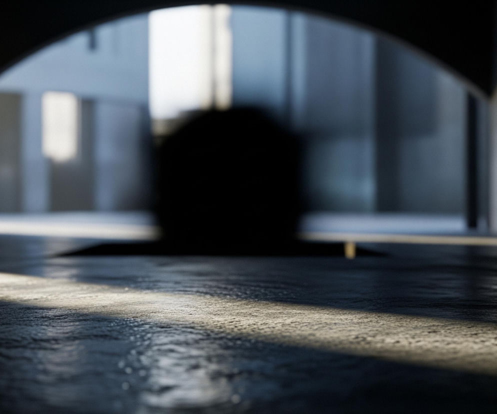 Ciemna, ziarnista powierzchnia zajmuje dolną połowę obrazu, z wyraźnym poziomym pasmem jasnego światła przecinającym ją od lewej do prawej, tworząc ostry kontrast między oświetlonym a zacienionym obszarem. Powyżej, w oddali, widoczny jest rozmyty, jasny, prostokątny otwór architektoniczny, za którym majaczą niewyraźne kształty budynków w odcieniach błękitu i szarości, oświetlone jasnym światłem. Centralnie, pod otworem, z poziomu podłogi wyłania się ciemna, niemal czarna sylwetka głowy lub postaci, która jest całkowicie zacieniona i niewyraźna.