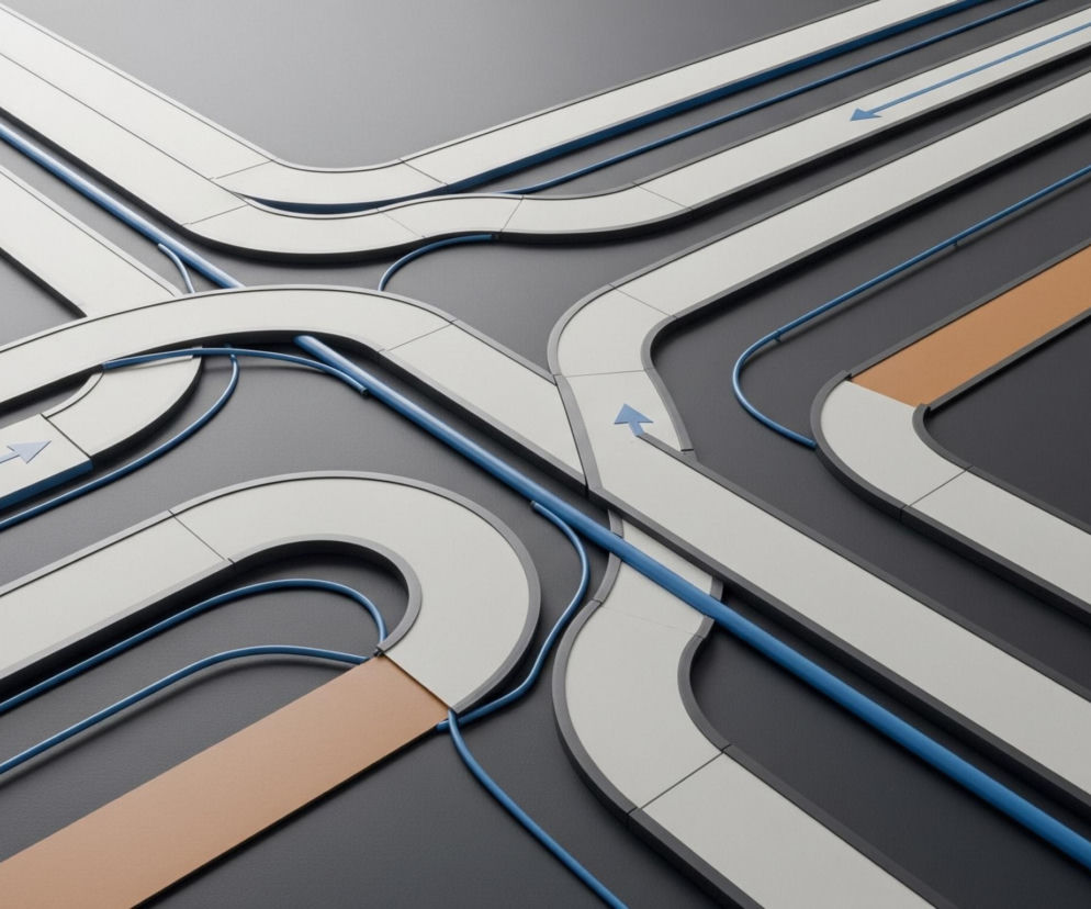 Szara plansza z wypukłymi, jasnoszarymi ścieżkami tworzącymi złożoną sieć przecinających się i rozgałęziających dróg. Wzdłuż niektórych ścieżek biegną cienkie, niebieskie linie, a na czterech odcinkach widoczne są niebieskie strzałki wskazujące kierunek przepływu. Dwa z odcinków ścieżek mają brązowy kolor zamiast jasnoszarego, co wyróżnia je na tle pozostałych. Całość kompozycji przypomina schemat logiczny lub układ tras transportowych.