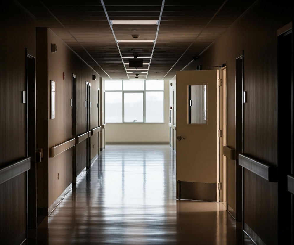 Długi, ciemny korytarz szpitalny rozciąga się w głąb obrazu, zlewając się z jasnym światłem padającym z okna na jego końcu. Ściany po obu stronach korytarza są w kolorze brązowym, a na wysokości bioder biegną jasne drewniane poręcze. Po prawej stronie, w połowie korytarza, otwarte są drzwi w kolorze beżowym z prostokątnym oknem w górnej części i metalową płytą ochronną u dołu. Na suficie, składającym się z kwadratowych paneli, widoczne są podłużne, podświetlone oprawy oświetleniowe, tworzące wzór w kierunku punktu zbiegu. Podłoga w korytarzu jest lśniąca, odbijając światło z okna i tworząc refleksy przypominające pasy.