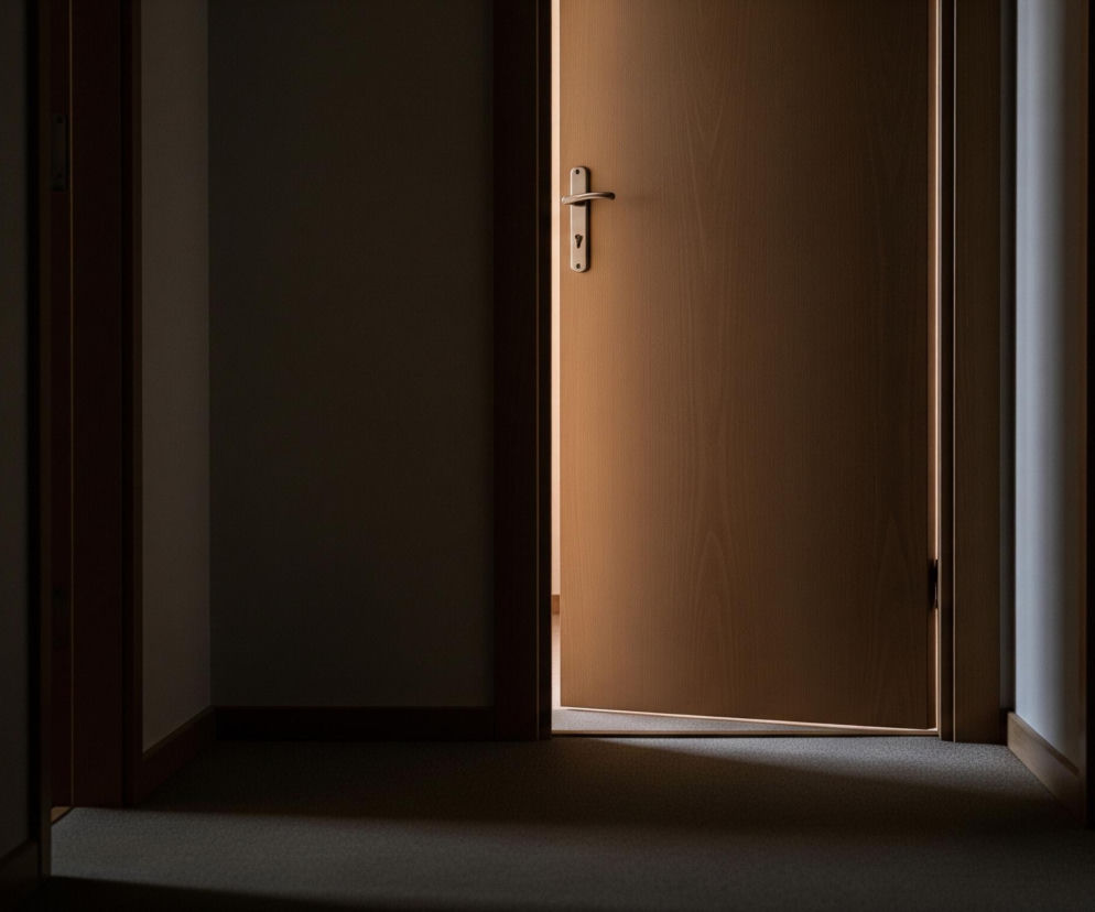 Prawie całkowicie ciemny korytarz ukazuje uchylone, drewniane drzwi w jasnym, ciepłym odcieniu brązu. Pomiędzy drzwiami a ciemną futryną widać wąski pasek jasnego światła. W górnej, centralnej części drzwi umieszczona jest srebrna klamka i otwór na klucz. Po obu stronach drzwi rozciągają się ciemne ściany, a na podłodze leży szara wykładzina, na której częściowo pada światło tworząc wyraźny cień.