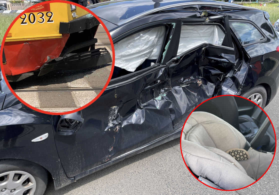 Wypadek na Woli w Warszawie. Samochód wjechał pod tramwaj. Są ranni, w tym dwójka niemowląt 
