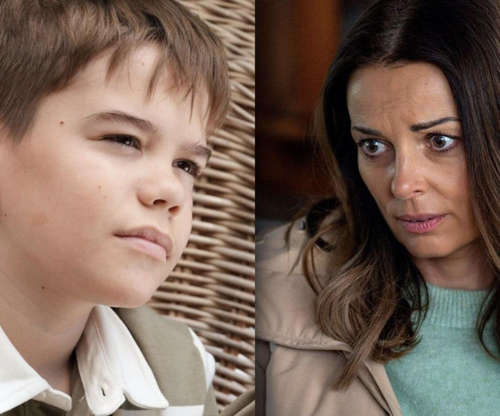 Ksawery z „Barw szczęścia” w ujęciu z boku, z zasmuconą miną, oraz Katarzyna Glinka w roli Kasi, zaniepokojona z otwartymi oczami. Porwanie Łukasza wywoła dramatyczną przemianę Ksawcia, który stanie się agresywny, o czym przeczytasz na Super Seriale.