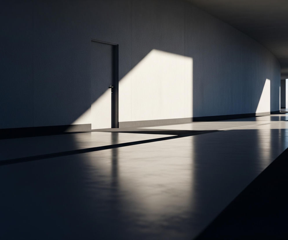 Długi, wąski korytarz zakręca łagodnie w prawo, skąpany w kontrastowym świetle i cieniu. Po lewej stronie, w połowie długości, znajduje się ciemna, prostokątna framuga drzwiowa z klamką, na którą pada jasny, trapezoidalny promień światła słonecznego, tworząc długi cień na podłodze. Dalej, po prawej stronie korytarza, widać kilka pionowych filarów, za którymi rozciąga się jasne, błękitne niebo, sugerujące otwartą przestrzeń lub okna. Jasne smugi światła odbijają się od gładkiej, szarej podłogi, tworząc wyraźne refleksy, które podkreślają długie cienie rzucane przez ściany i filary.