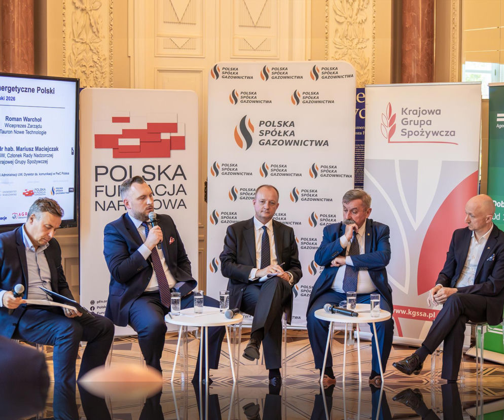 Pięciu mężczyzn w garniturach podczas debaty o bezpieczeństwie energetycznym, o której przeczytasz na SE Superbiz.