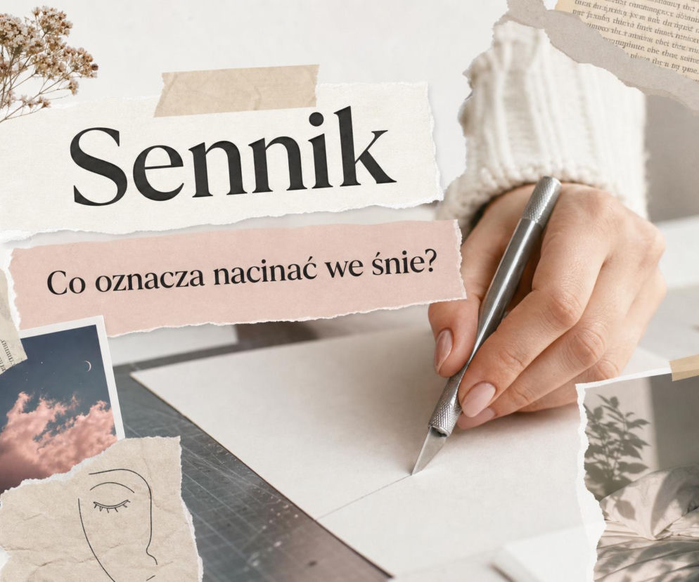 Osoba nacinająca papier nożykiem. Obok miniatury oka i nocnego nieba. O znaczeniu snów przeczytasz na SE.