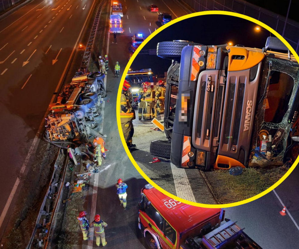 Groźny wypadek na autostradzie A2. Ciężarówka przewróciła się po zderzeniu z BMW