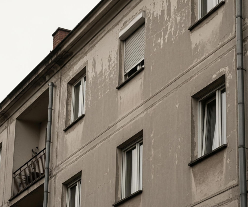 Prawy narożnik szarego budynku z wieloma oknami zajmuje większość kadru, przedstawiając jego bok i fragment dachu. Fasada budynku pokryta jest popękanym tynkiem o szarobeżowym odcieniu, z widocznymi miejscami, gdzie tynk się łuszczy. Na elewacji znajduje się kilka okien, z których jedno, na środkowym piętrze po prawej stronie, ma częściowo opuszczoną białą roletę zewnętrzną, a za nią widać otwarte okno z białą firanką. Tuż obok, wzdłuż ściany, biegnie szara rynna. W górnej części obrazu widoczne są fragmenty brązowych kominów wystających z dachu, na tle jasnego, jednolitego nieba.