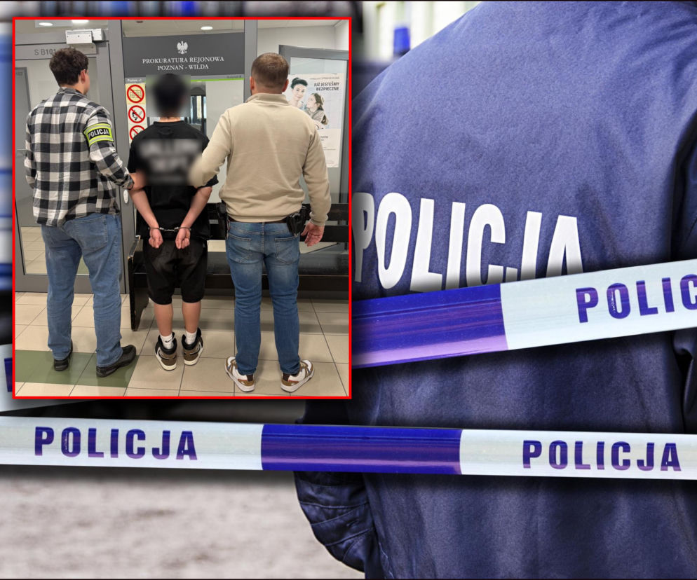 Plecy policjanta i taśma policyjna. Na miniaturze zatrzymany 19-latek w kajdankach. O akcji służb przeczytasz na Eska Poznań.