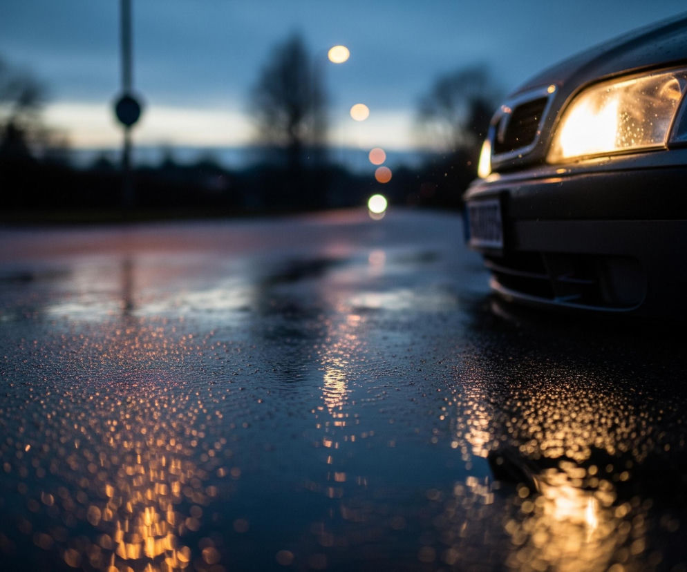 Fragment ciemnego samochodu z włączonymi światłami mijania, zaparkowanego na mokrej nawierzchni po zmroku. Przednia część pojazdu, w tym grill i prawy reflektor, zajmuje prawą stronę kadru. Jasne, żółte światło z reflektora oświetla kałuże i drobne kropelki wody na asfalcie, tworząc liczne, złote refleksy na pierwszym planie. W tle, rozmyte światła latarni ulicznych i niewyraźne sylwetki budynków oraz drzew dopełniają miejski krajobraz.