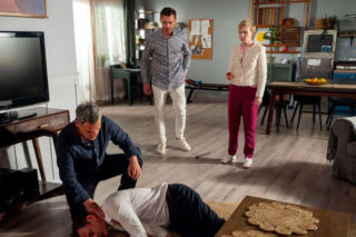 Barwy szczęścia odc. 3270. Sonia (Weronika Nockowska), Robert Stefaniak (Paweł Ławrynowicz), Karol (Jan Wieczorkowski), Darek (Andrzej Niemyt)