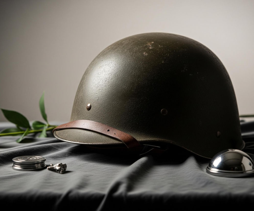 Na szarym, pofałdowanym materiale ułożonym na płaskiej powierzchni spoczywa ciemnozielony hełm wojskowy z brązowym, skórzanym paskiem podbródkowym. Po lewej stronie hełmu leży żółta gerbera z zieloną łodygą i dwoma liśćmi. Obok kwiatu, bliżej pierwszego planu, widoczny jest otwarty, okrągły kompas w srebrnej obudowie, obok niego mały, nieregularny, srebrny przedmiot. Po prawej stronie hełmu znajduje się mały, błyszczący, srebrny dzwonek stołowy. Tło jest jednolite, szare, z delikatnym gradientem jaśniejszym po prawej stronie.