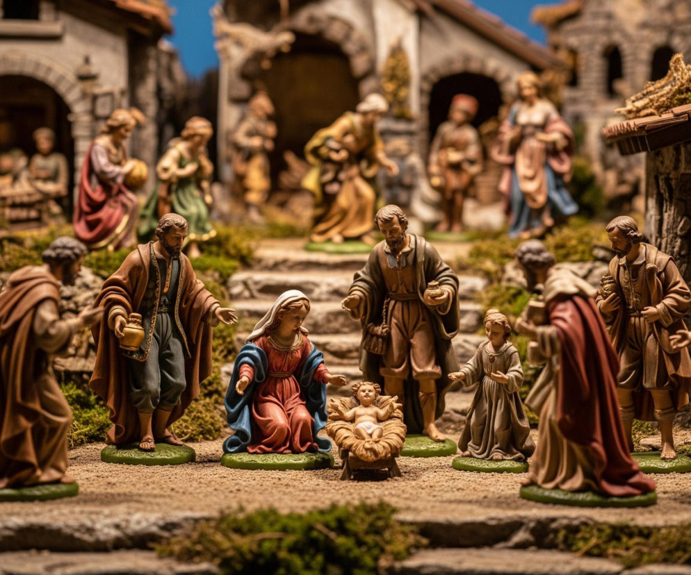 W centralnej części obrazu znajduje się statuetka Madonny w czerwonej sukni i niebieskim płaszczu, klęcząca obok małej figurki dziecka leżącego w słomianym żłóbku. Po jej lewej stronie stoi figurka mężczyzny w brązowym płaszczu i błękitnych spodniach, trzymającego złoty dzbanek. Wokół nich rozstawione są liczne figurki ludzi w różnokolorowych strojach, stojących na zielonych, okrągłych podstawach, rozmieszczone na piaszczystym terenie z kępkami zielonego mchu. W tle widać miniaturowe budynki o kamiennych murach i brązowych dachach, niektóre z otwartymi łukowymi wejściami, a za nimi rozciąga się niebieskie, jasne niebo.