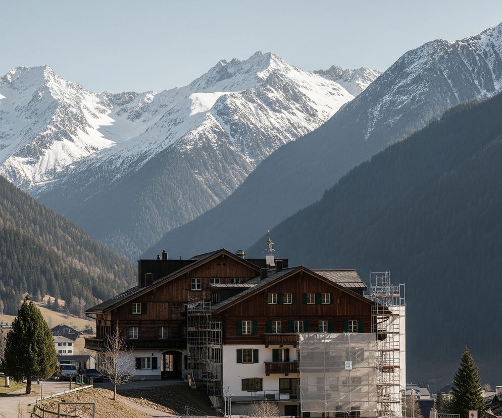 Na pierwszym planie widoczny jest duży budynek w alpejskim stylu, częściowo pokryty drewnem w ciemnobrązowym odcieniu, a częściowo białym tynkiem. Na prawej ścianie budynku stoi rusztowanie, częściowo zasłonięte białym, półprzezroczystym materiałem. Wokół budynku rozpościera się zielona, trawiasta przestrzeń, a po lewej stronie rośnie pojedyncze drzewo z nagimi gałęziami oraz jedno wysokie, iglaste drzewo. W tle rozciągają się strome zbocza gór, gęsto porośnięte ciemnymi iglastymi lasami, a dalej, na horyzoncie, majestatycznie wznoszą się ośnieżone szczyty górskie pod jasnym, bezchmurnym niebem.
