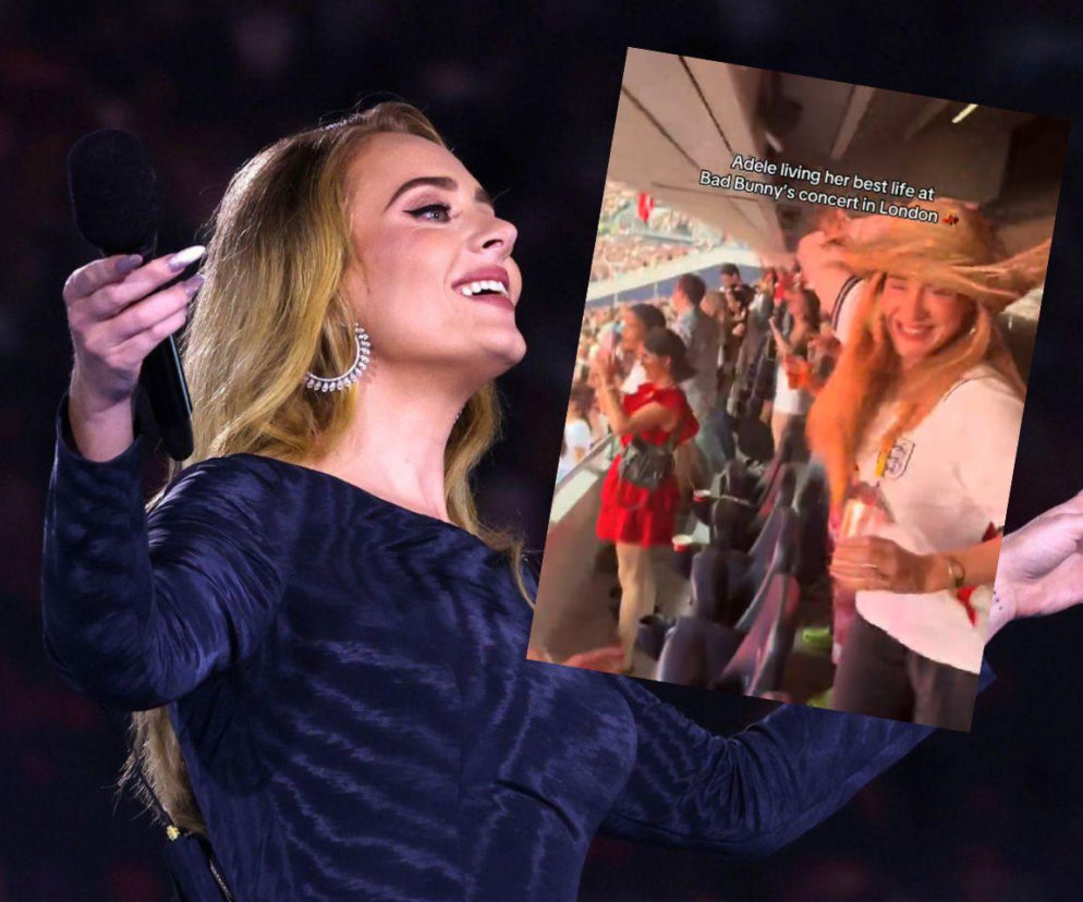 Adele śpiewająca na scenie w czarnej sukience, trzymająca mikrofon i uśmiechnięta, oraz wklejone zdjęcie fanów na koncercie Bad Bunny'ego, wśród których widać rozradowaną Adele w jasnej koszulce. Więcej na ten temat przeczytasz na naszym portalu.
