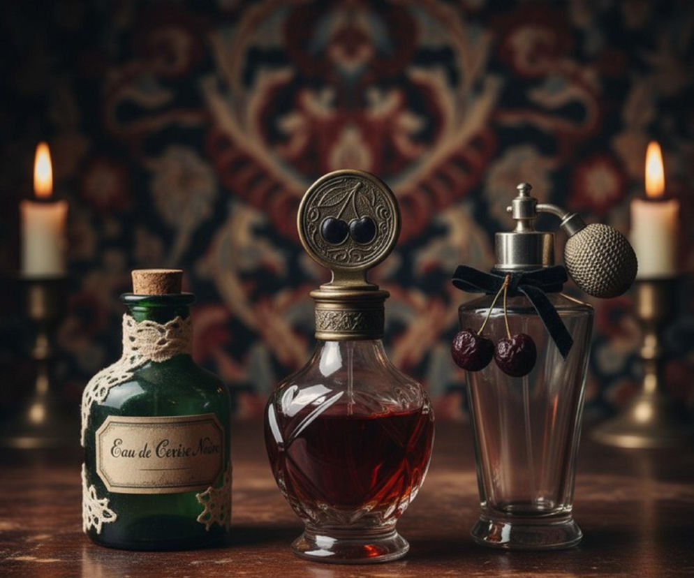 Trzy flakony perfum o zapachu wiśni na tle świec i tkaniny. O trendach zapachowych na sezon 2026 przeczytasz na SE.