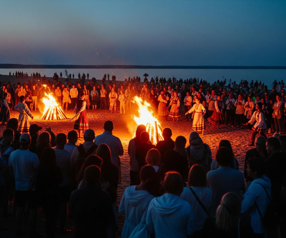 Duża grupa ludzi zgromadziła się na piaszczystej plaży wieczorem, obserwując tańczących wokół trzech wysokich ognisk. Dwie osoby w tradycyjnych strojach tańczą między ogniskami w centrum, a dalsze postaci w podobnych strojach są rozproszone wśród tłumu. Gorące, pomarańczowo-żółte płomienie oświetlają piasek i najbliżej stojące osoby, tworząc mocny kontrast z ciemniejącym, granatowym niebem i wodą morza lub jeziora w tle, gdzie widać sylwetki kolejnych ludzi. Widzowie na pierwszym planie są widoczni od tyłu, ich ciemne sylwetki częściowo rozjaśnione odbiciem ognia na ich plecach i włosach.