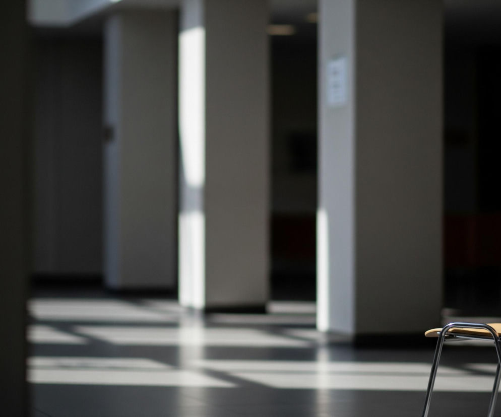 Na pierwszym planie, po prawej stronie kadru, stoi brązowe krzesło z metalowymi, chromowanymi nogami. Tło stanowi korytarz lub wnętrze budynku, gdzie widoczne są cztery pionowe, jasnoszare filary, a pomiędzy nimi znajdują się ciemniejsze, zacienione przestrzenie. Na podłodze widoczne są kontrastujące pasy światła i cienia, tworzące geometryczne wzory. Źródło światła, prawdopodobnie okno, rzuca długie cienie na podłogę z lewej strony kadru, oświetlając również filary.