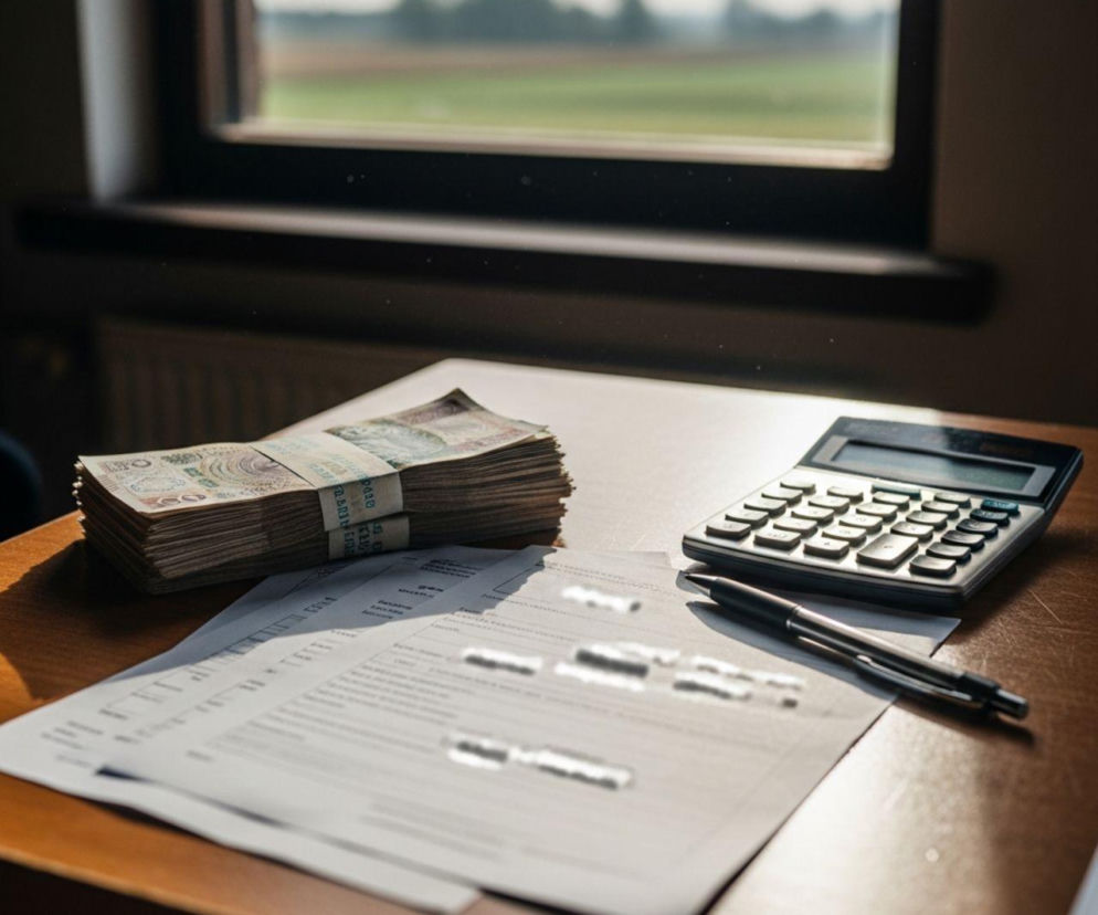 Stosy banknotów, dokumenty, kalkulator i długopis na biurku, z widokiem na zielone pola za oknem. Scena symbolizuje finansowanie i dotacje dla rolników, o czym można przeczytać więcej na Super Biznes.