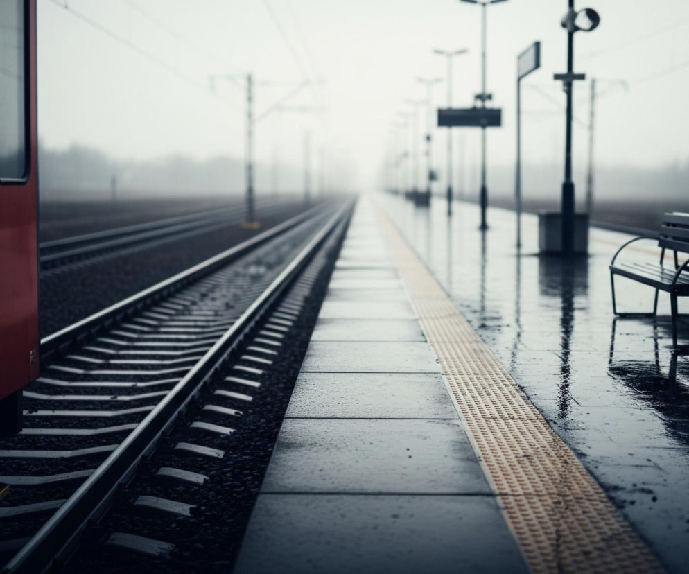 Pociąg o czerwonej burcie z otwartymi drzwiami stoi na torach kolejowych, widocznych z boku, na pierwszym planie po lewej stronie. Tory, składające się z metalowych szyn i drewnianych podkładów, biegną równolegle do długiego, szarego peronu pokrytego drobnymi kroplami wody, co świadczy o niedawnym deszczu lub mgle. Na peronie, po prawej stronie, znajduje się ciemna ławka oraz szereg słupów z oświetleniem i tablicami informacyjnymi, które znikają w oddali. Krajobraz na horyzoncie jest zamglony i szary, ledwo zarysowując linię drzew i dalsze słupy trakcyjne.