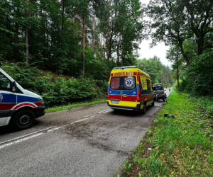 Groźny wypadek na leśnym odcinku drogi. Karetka rozbiła się między Stykowem a Kałkowem