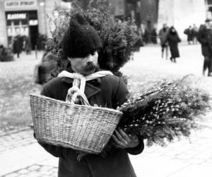Mężczyzna sprzedający palmy wielkanocne w Krakowie (1931)