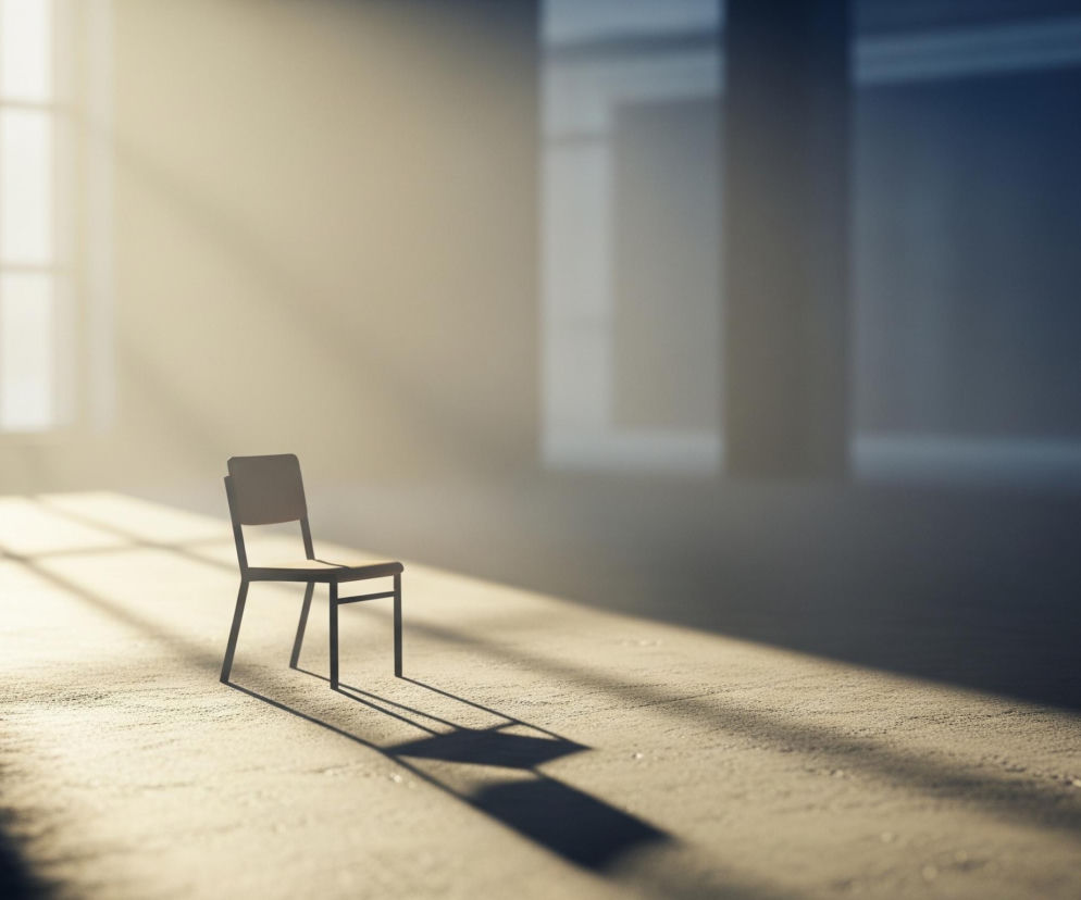 Pusta przestrzeń w pomieszczeniu jest rozświetlona mocnym, złotawym światłem słonecznym, wpadającym przez duże, prostokątne okno z widocznymi podziałami na mniejsze kwadraty, znajdujące się w lewej części obrazu. Na środku pierwszego planu stoi jedno, ciemne krzesło, z rzucającym długi, wyraźny cień na piaszczystą podłogę. Pozostała część wnętrza tonie w półmroku o niebieskawym zabarwieniu, z zarysowanymi w oddali filarami lub ścianami, tworzącymi wrażenie przestronności i pustki.