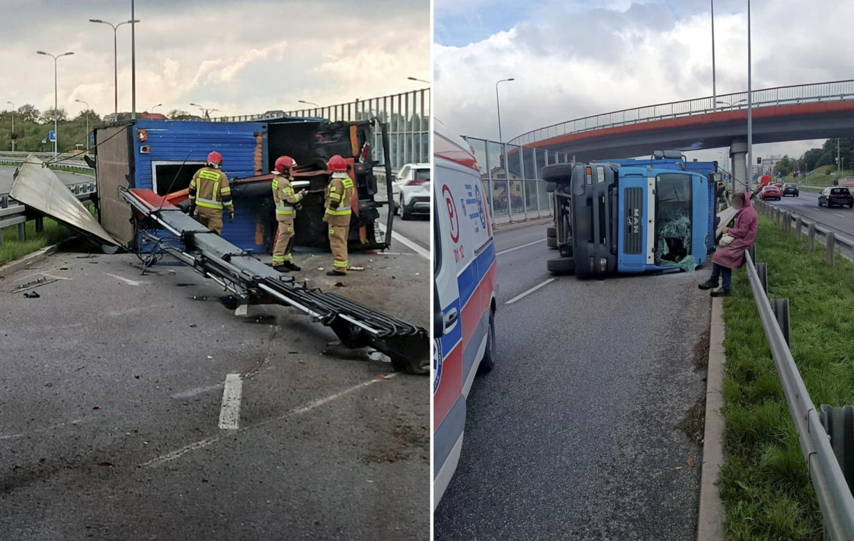 Kielce. Wypadek na ul. Grunwaldzkiej. Ciężarówka przewróciła się po zahaczeniu o wiadukt [ZDJĘCIA].