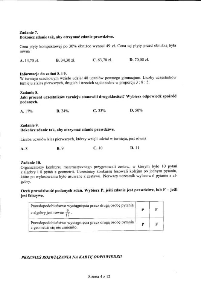 Egzamin gimnazjalny 2012 - MATEMATYKA 25.04.2012 - ODPOWIEDZI, ARKUSZE, PYTANIA, ROZWIĄZANIA. Test gimnazjalny 2012
