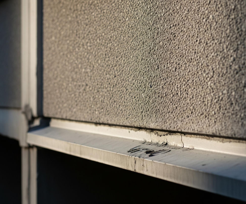 Ujęcie z bliska przedstawia fragment ściany budynku. Większą część kadru zajmuje chropowata, beżowo-szara ściana, o wyraźnej, ziarnistej teksturze. Poniżej, na całej szerokości zdjęcia, rozciąga się metalowy, płaski parapet lub gzyms w kolorze jasnoszarym, z widocznymi miejscami złuszczonej farby i zaciekami. Lewa strona zdjęcia jest w półcieniu, natomiast prawa strona ściany i parapetu jest mocno oświetlona słońcem, tworząc wyraźne cienie i podkreślając nierówności powierzchni.