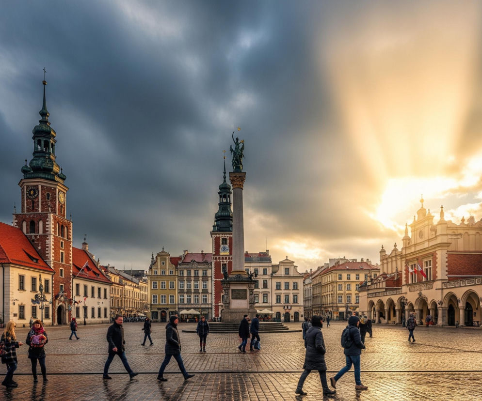 Duży miejski plac wyłożony kostką brukową, oświetlony nierównomiernie światłem słonecznym, które przebija się przez chmury z prawej strony. Po lewej dominuje wysoka wieża zegarowa z zielonkawym hełmem i czerwono-ceglanym korpusem, obok niej stoją niższe budynki z czerwonymi dachami. Centralnie na placu wznosi się kolumna z rzeźbą na szczycie. Po prawej stronie widać długi, beżowy budynek z arkadami na parterze i elementami z czerwonej cegły na piętrze. Po placu, z odblaskami światła na mokrej nawierzchni, przechodzi kilkanaście osób.